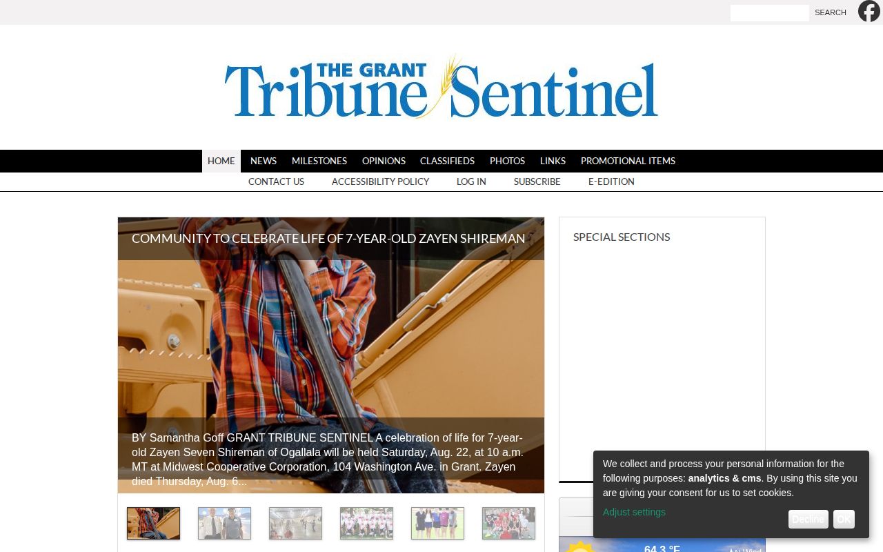 Grant Tribune-Sentinel local news home page for Perkins County arrest reporting context