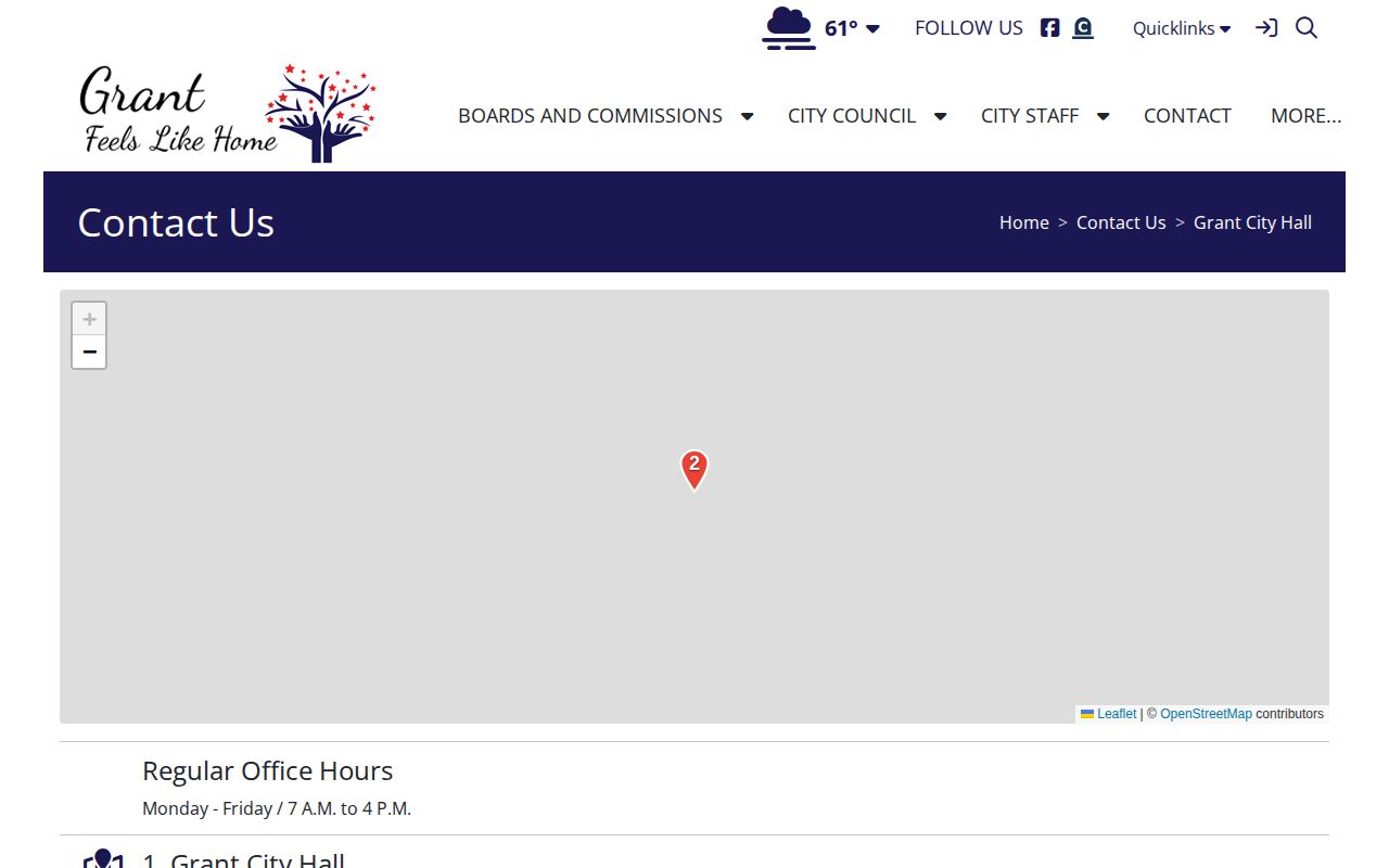 Grant City Hall official contact page for municipal routing